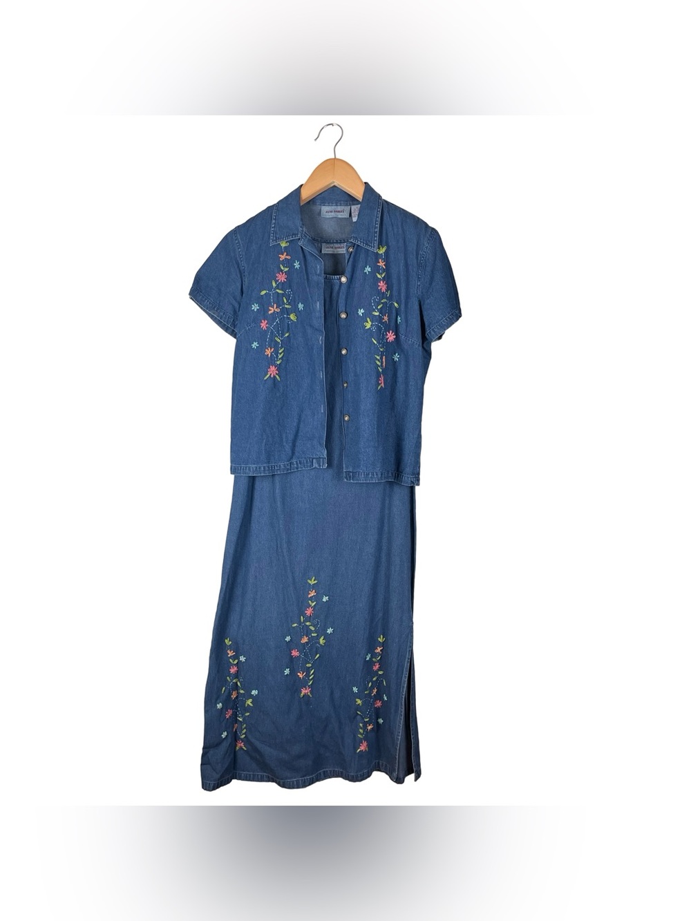Vintage 90s Jane Ashley Medium Chambray Embroidered Floral Dress Cottagecore